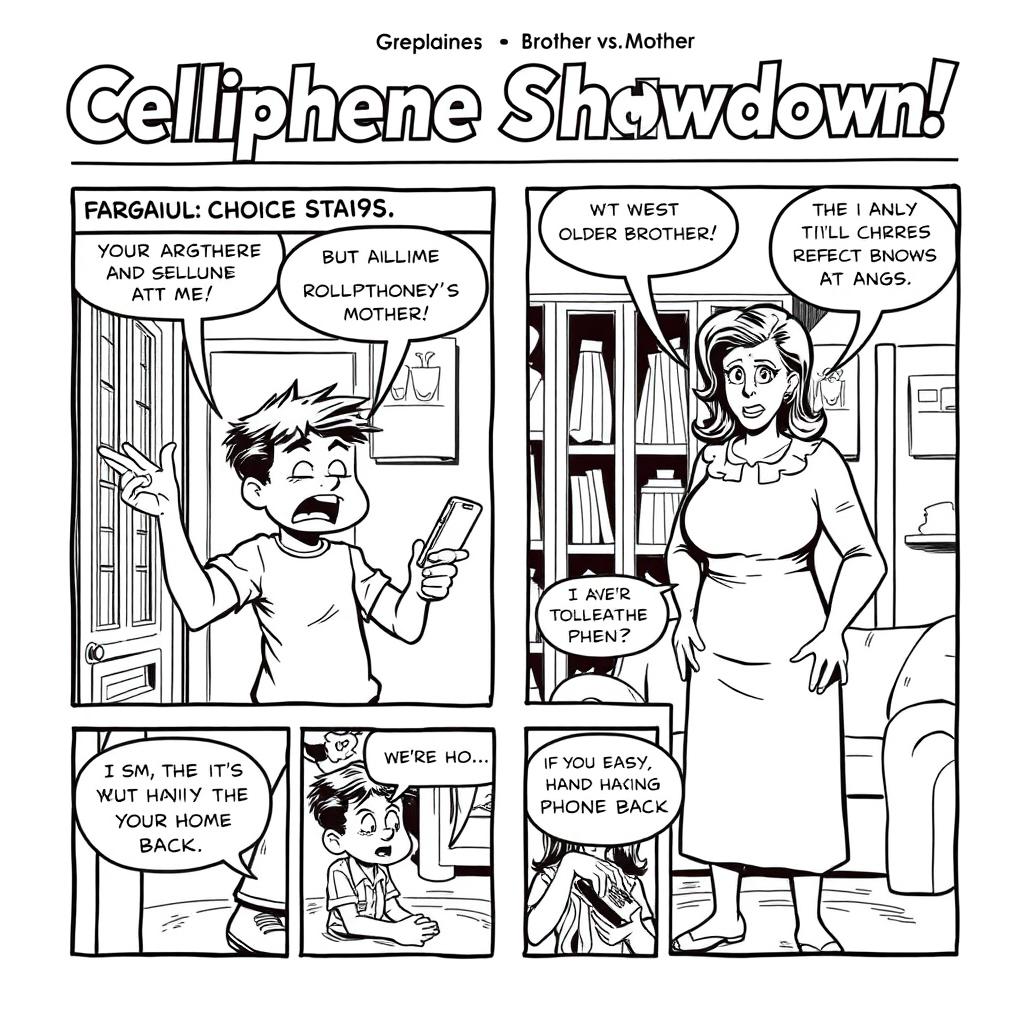 A comic strip designed to resemble a newspaper layout, featuring a comical yet intense argument between an older brother and their mother over a cellphone