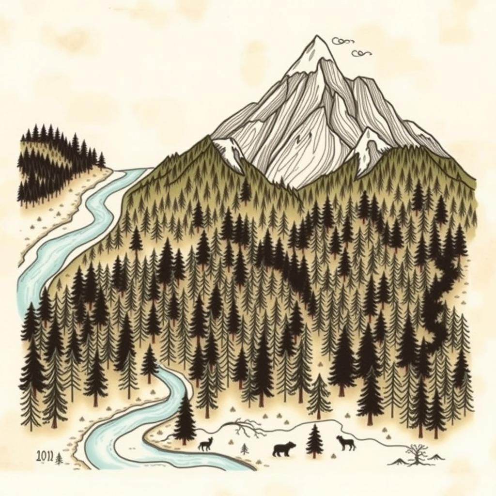 A hand-drawn forest map featuring a dense, lush forest in the central area, with tall, majestic mountains depicted at the top portion of the map