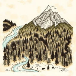 A hand-drawn forest map featuring a dense, lush forest in the central area, with tall, majestic mountains depicted at the top portion of the map