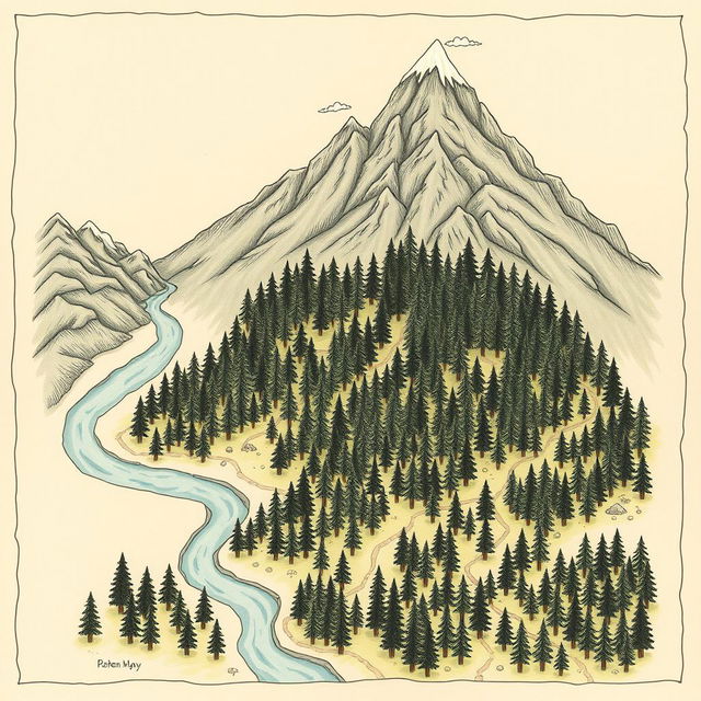A hand-drawn forest map featuring a dense, lush forest in the central area, with tall, majestic mountains depicted at the top portion of the map