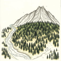 A hand-drawn forest map featuring a dense, lush forest in the central area, with tall, majestic mountains depicted at the top portion of the map