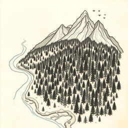 A hand-drawn forest map featuring a dense, lush forest in the central area, with tall, majestic mountains depicted at the top portion of the map