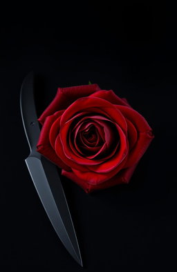 A striking black and red rose intertwined, exuding a sense of mystery and allure, accompanied by a sleek, menacing black dagger resting alongside it