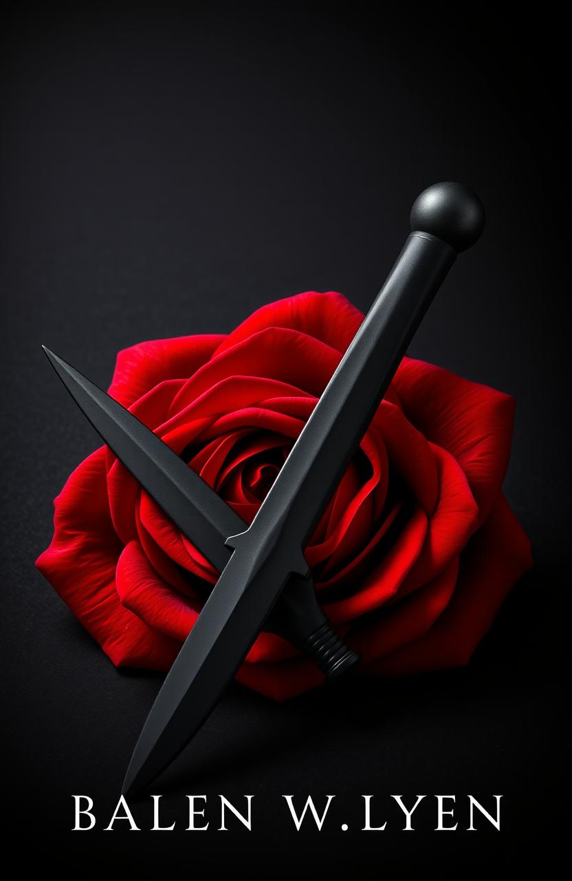 A striking black and red rose intertwined, exuding a sense of mystery and allure, accompanied by a sleek, menacing black dagger resting alongside it
