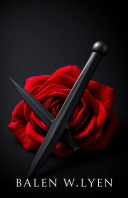 A striking black and red rose intertwined, exuding a sense of mystery and allure, accompanied by a sleek, menacing black dagger resting alongside it