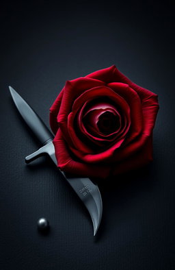 A striking black and red rose intertwined, exuding a sense of mystery and allure, accompanied by a sleek, menacing black dagger resting alongside it