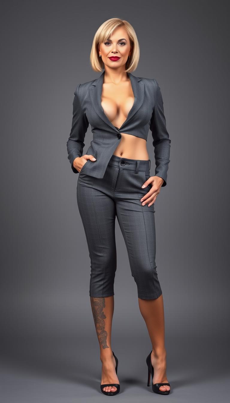 A confident 45-year-old businesswoman showcased in a full front view photo, radiating authority and self-confidence