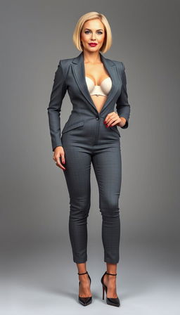 A confident 45-year-old businesswoman showcased in a full front view photo, radiating authority and self-confidence