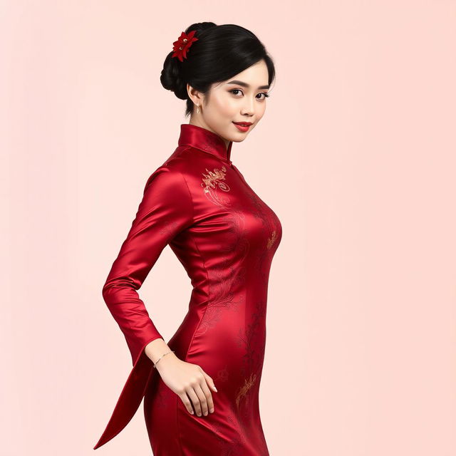 An Indonesian model wearing a stunning red maroon Chinese qipao (cheongsam) that beautifully hugs her curves