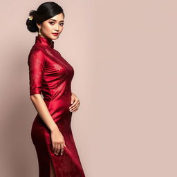 An Indonesian model wearing a stunning red maroon Chinese qipao (cheongsam) that beautifully hugs her curves