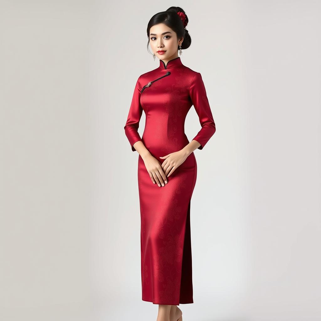 An Indonesian model wearing a stunning red maroon Chinese qipao (cheongsam) that beautifully hugs her curves