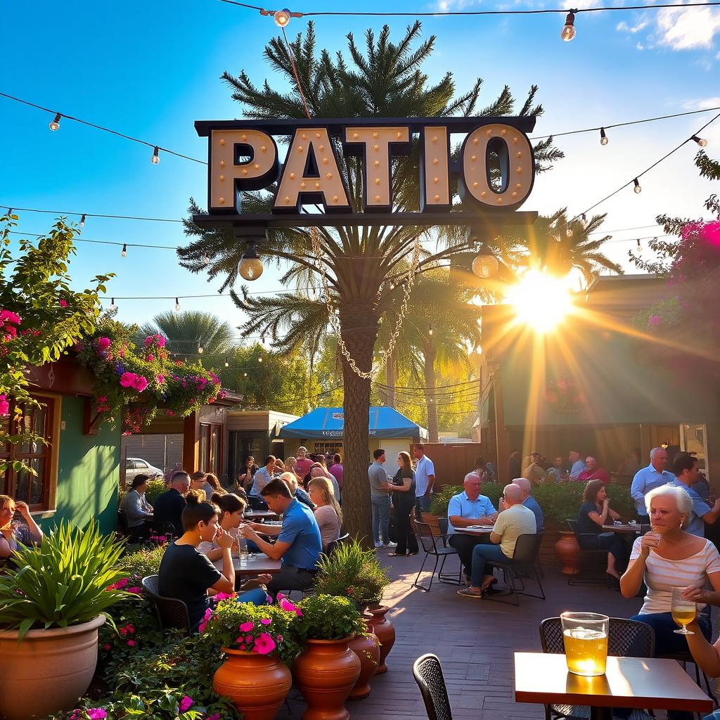 A vibrant public space filled with lush greenery, cozy seating areas, and strings of fairy lights, featuring a large sign that says 'PATIO' in a bold, modern font