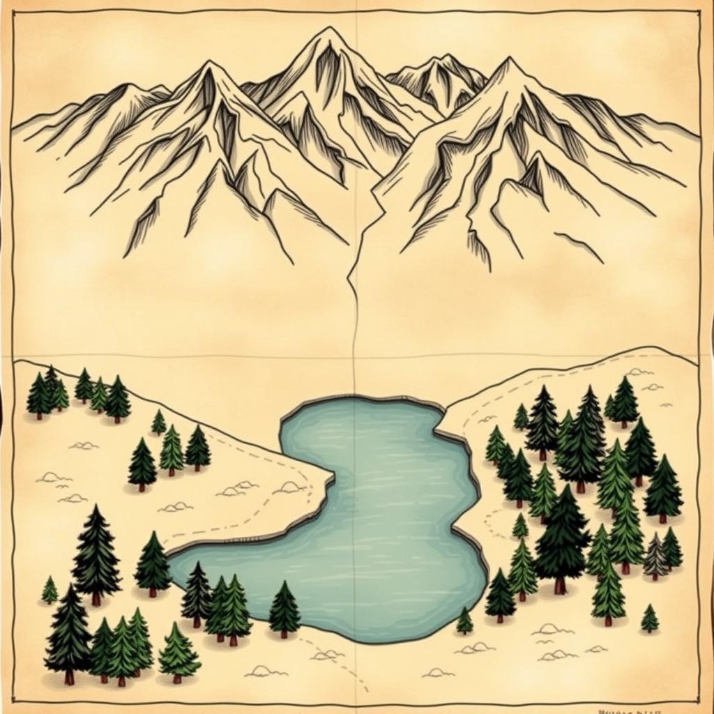 A detailed, hand-drawn style map featuring a larger landscape