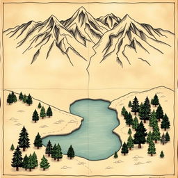 A detailed, hand-drawn style map featuring a larger landscape