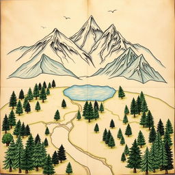 A detailed, hand-drawn style map featuring a larger landscape