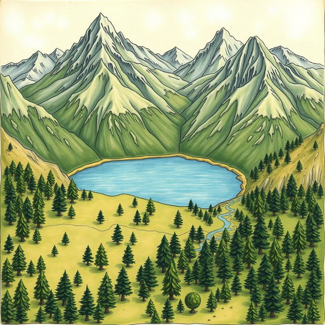 A detailed, hand-drawn style map featuring a larger landscape