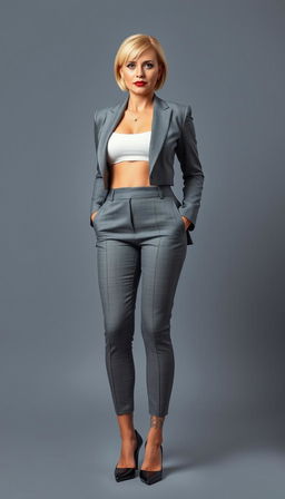 A confident 45-year-old businesswoman depicted in a full front view photo, radiating professionalism and self-assuredness