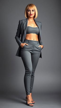 A confident 45-year-old businesswoman depicted in a full front view photo, radiating professionalism and self-assuredness
