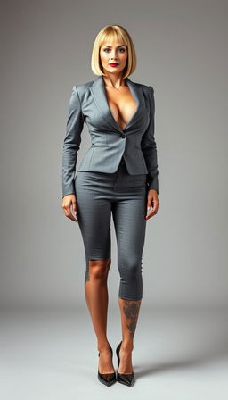 A confident 45-year-old businesswoman showcased in a full front view photo, radiating power and poise