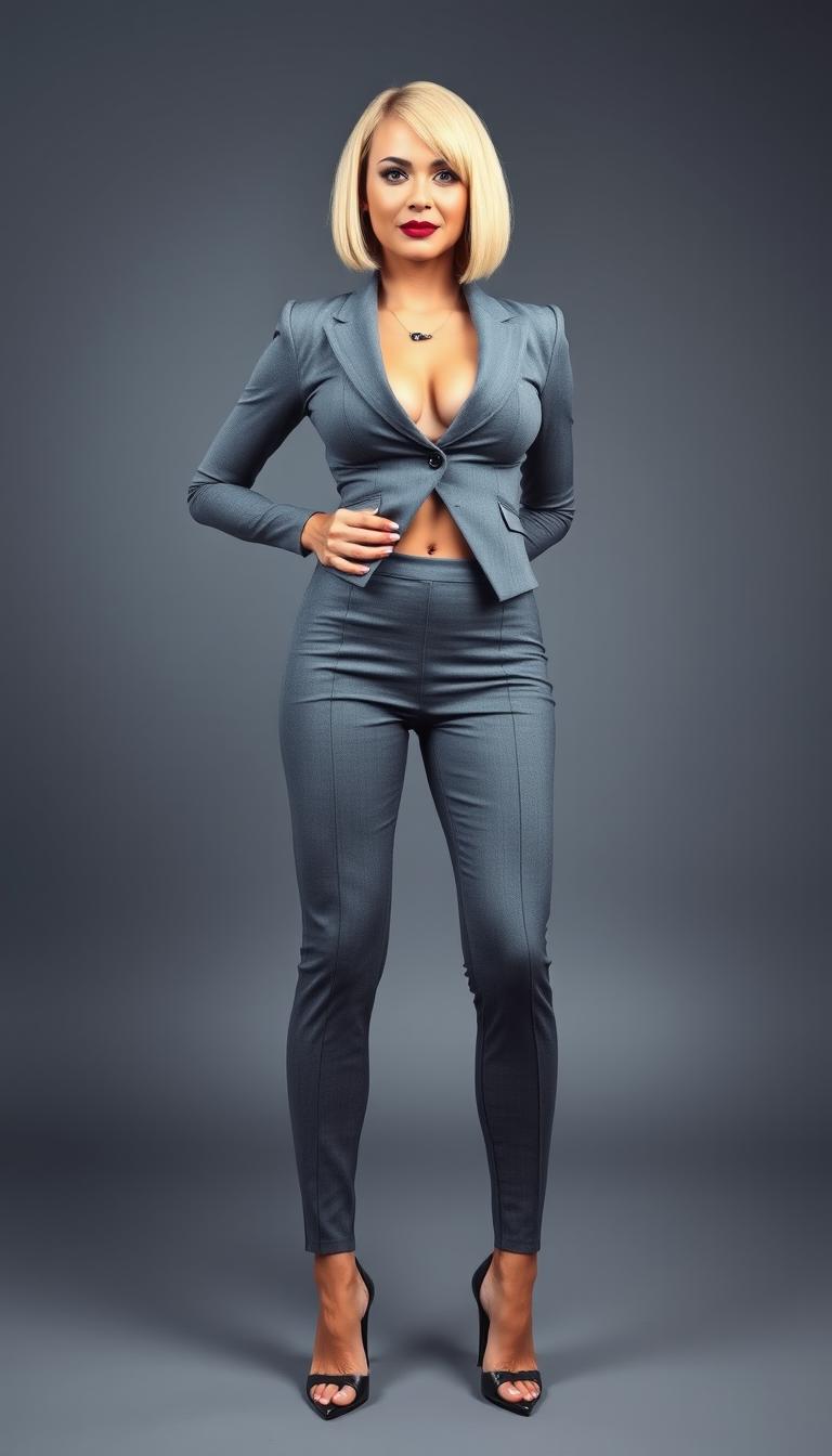 A confident 45-year-old businesswoman showcased in a full front view photo, radiating power and poise