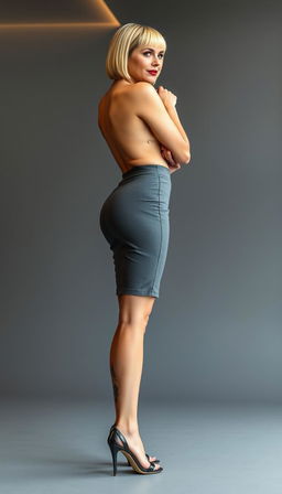 A confident 45-year-old businesswoman captured in a full side view photo, showcasing her assertive and stylish presence