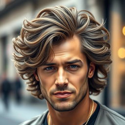 A portrait of a stylish man with thick, wavy hair that is a bit longer than average