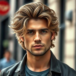 A portrait of a stylish man with thick, wavy hair that is a bit longer than average
