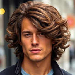 A portrait of a stylish man with thick, wavy hair that is a bit longer than average