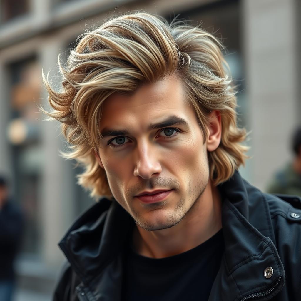 A portrait of a stylish man with thick, wavy hair that is a bit longer than average