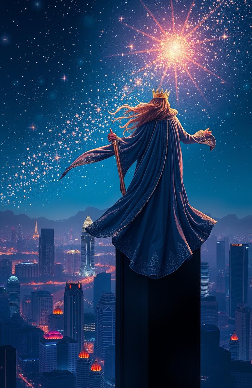 A mesmerizing scene depicting the mythical figure of 'Pangeran Malam', a majestic celestial prince reigning over Jakarta