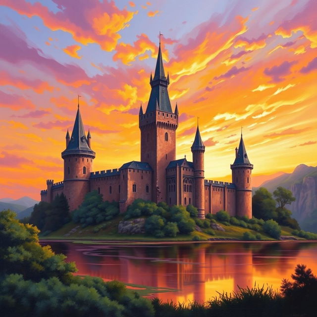 A majestic medieval castle set against a vibrant sunset sky, with hues of orange, pink, and purple