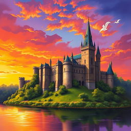 A majestic medieval castle set against a vibrant sunset sky, with hues of orange, pink, and purple