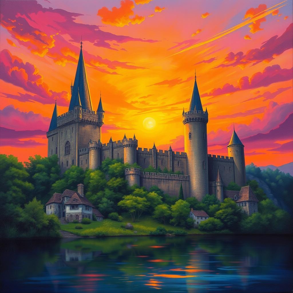 A majestic medieval castle set against a vibrant sunset sky, with hues of orange, pink, and purple