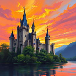 A majestic medieval castle set against a vibrant sunset sky, with hues of orange, pink, and purple