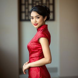 An Indonesian model elegantly wearing a beautiful red maroon Chinese qipao (cheongsam)