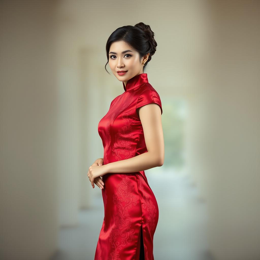 An Indonesian model elegantly wearing a beautiful red maroon Chinese qipao (cheongsam)