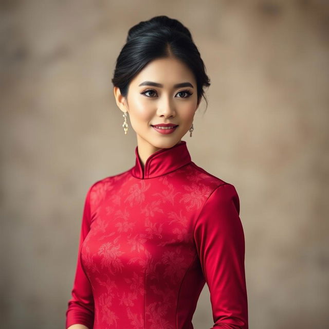 An Indonesian model elegantly wearing a beautiful red maroon Chinese qipao (cheongsam)