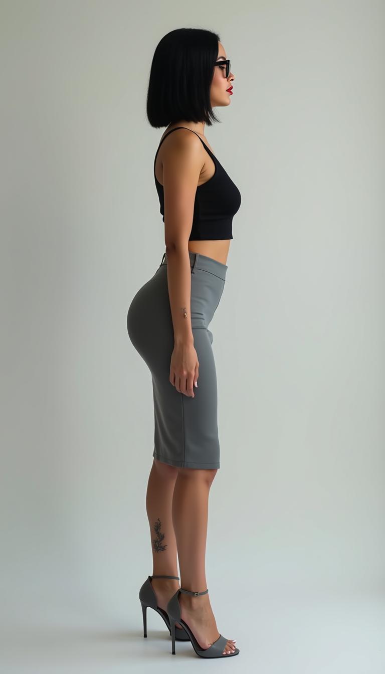 A confident 25-year-old businesswoman depicted in a full side view photo, radiating style and empowerment