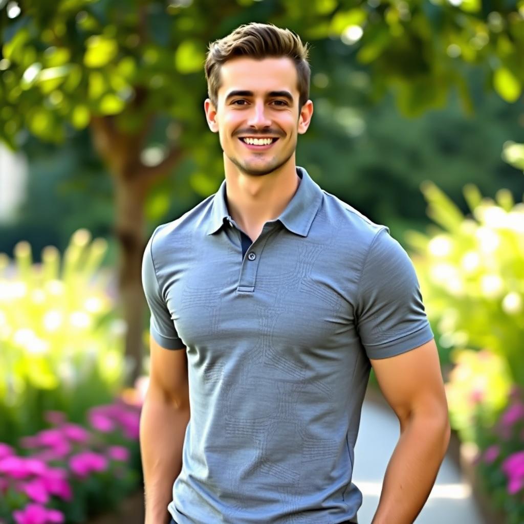 A stylish person wearing a fitted gray polo shirt, exuding confidence and casual elegance