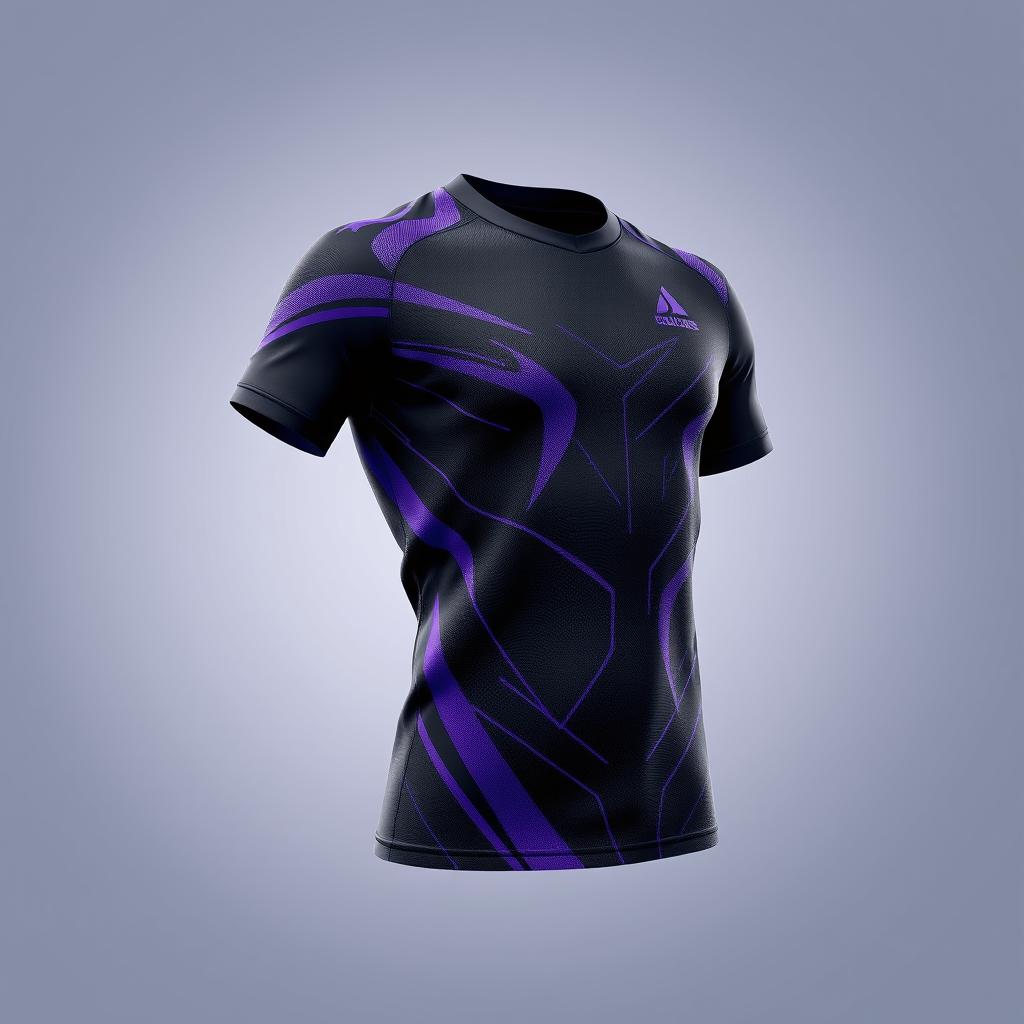 A sleek black and purple jersey, featuring a modern design with dynamic patterns and accents