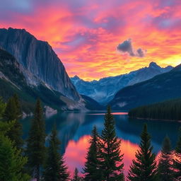 A beautifully enhanced landscape photograph showcasing a serene lake surrounded by grand mountains