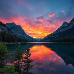 A beautifully enhanced landscape photograph showcasing a serene lake surrounded by grand mountains