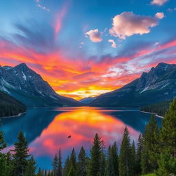 A beautifully enhanced landscape photograph showcasing a serene lake surrounded by grand mountains