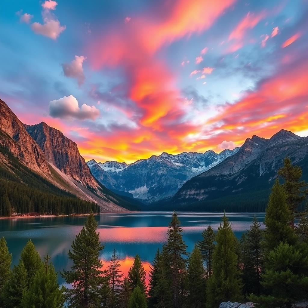 A beautifully enhanced landscape photograph showcasing a serene lake surrounded by grand mountains