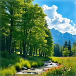 A stunning landscape depicting a serene nature scene, featuring a lush green forest with tall trees, sunlight filtering through the leaves, a clear blue sky with fluffy white clouds, and a gentle stream flowing through vibrant wildflowers