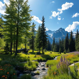 A stunning landscape depicting a serene nature scene, featuring a lush green forest with tall trees, sunlight filtering through the leaves, a clear blue sky with fluffy white clouds, and a gentle stream flowing through vibrant wildflowers
