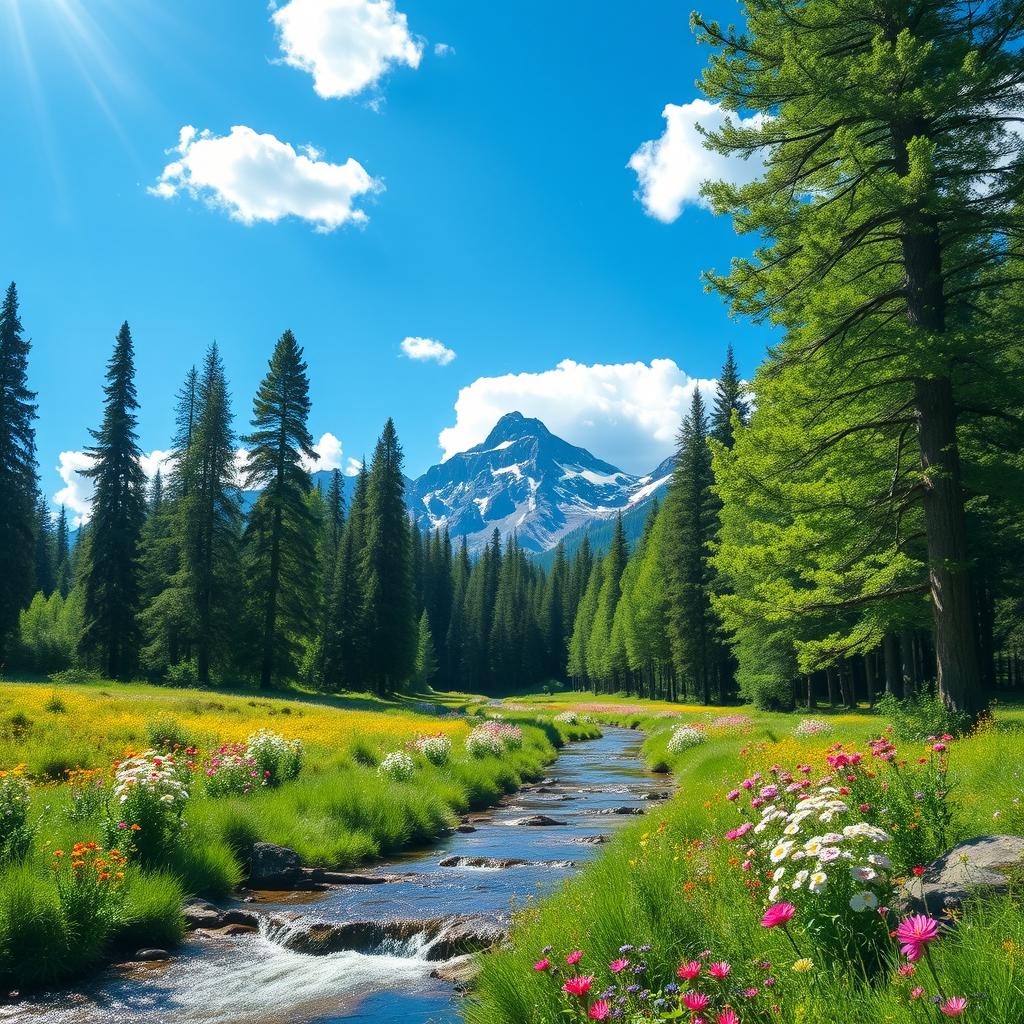 A stunning landscape depicting a serene nature scene, featuring a lush green forest with tall trees, sunlight filtering through the leaves, a clear blue sky with fluffy white clouds, and a gentle stream flowing through vibrant wildflowers