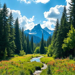 A stunning landscape depicting a serene nature scene, featuring a lush green forest with tall trees, sunlight filtering through the leaves, a clear blue sky with fluffy white clouds, and a gentle stream flowing through vibrant wildflowers