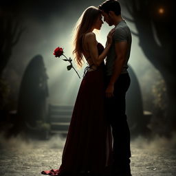 A stunning dark romance book cover featuring a beautiful couple standing closely together in an intimate pose
