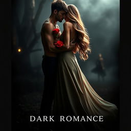 A stunning dark romance book cover featuring a beautiful couple standing closely together in an intimate pose